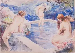 Donne al bagno by Vincenzo Irolli, watercolour on paper, offered Jul 2023