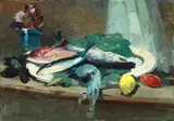 Natura morta con pesci by Renato Natali, oil on panel, offered Jul 2023