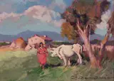 Carlo Domenici, Mucca al pascolo, oil on faesite