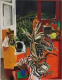Renato Guttuso, Pannocchie, oggetti sul tavolo e finestra, 1963, oil on canvas