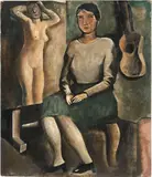 Mario Sironi, Figura femminile seduta, chitarra e dipinto (nudo) su cavalletto, 1927, oil on canvas