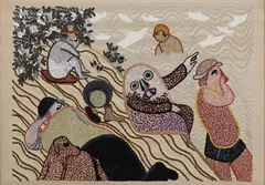 Enrico Baj, La Beignade, 1972, ricamo di paillettes on stoffa tesa on panel