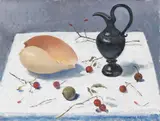 Giovanni Colacicchi, Natura morta con vaso, conchiglia e ciliegie, oil on canvas board