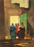 Donne sulla porta by Renato Natali, oil on compensato, offered Apr 2023