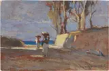 Paesaggio con figure femminili by Ludovico Tommasi, oil on card, offered Apr 2023
