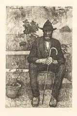 Uomo seduto con bastone e cappello by Llewelyn Lloyd, 1916, lithograph on paper, offered Apr 2023