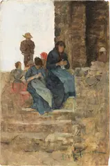 Sulla scalinata by Angiolo Tommasi, oil on panel, offered Apr 2023
