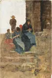 Sulla scalinata by Angiolo Tommasi, oil on panel, offered Apr 2023