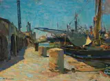 Mario Puccini, La banchina del molo vecchio, oil on tavoletta