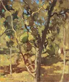 L'albero delle pere by Ludovico Tommasi, oil on cardboard, offered Apr 2023