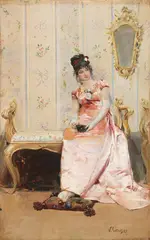 Giovane in abito rosa by Vittorio Matteo Corcos, 1887, oil on tavoletta, offered Apr 2023