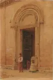 Alberto Pisa, Sulla soglia di San Rufino ad Assisi, 1900, watercolour on paper applicata on cardboard