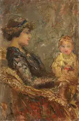 Mamma e bambino by Angiolo D'Andrea, oil on tavoletta, offered Apr 2023