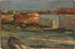 Barche in secca by Leonardo Bazzaro, 1926, oil on card, offered Apr 2023