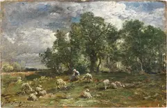 Charles Jacque, Pastorella con gregge, oil on tavoletta
