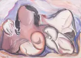 George Polykratis, Figure e piccioni, oil on canvas