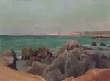 Livorno vista da Antignano by Valentino Ghiglia, oil on cardboard, offered Feb 2023