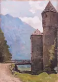 Emanuele Costa, Castello con ponte, oil on panel