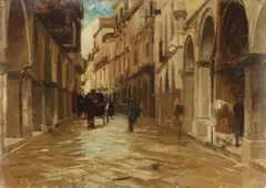 Eugenio Scorzelli, Via dei Tribunali a Napoli, oil on compensato
