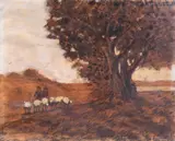 Pastori con albero by Gino Romiti, mixed media on compensato, offered Feb 2023