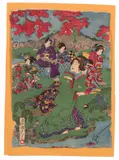 Baido Kunimasa, «Oiran con giovane assistente» e «Colazione in riva al fiume», woodcut policroma on crepe-papier mm.