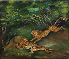 Antonio Ligabue, Tigre con leopardo, 1944, oil on compensato