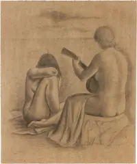 Ubaldo Oppi, Donne al mare (una con chitarra l'altra accovacciata), 1925, pencil and charcoal on paper