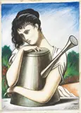 Gregorio Sciltian, Ragazza con annaffiatoio, mixed media on paper applicata on canvas