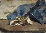 Filippo de Pisis, Natura morta con gusci d'ostrica e giacca blu sulla spiaggia, 1928, oil on cardboard