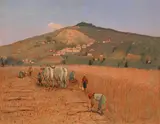 Mietitura, campagna livornese by Giovanni Lomi, oil on faesite, offered Oct 2022
