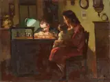 L'orologiaio by Cafiero Filippelli, oil on faesite, offered Oct 2022