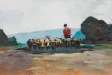 Pastorella con gregge by Renato Natali, oil on compensato, offered Oct 2022