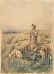 Luigi Chialiva, Pastorella con gregge, watercolour on paper applicata on cardboard