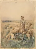 Pastorella con gregge by Luigi Chialiva, watercolour on paper applicata on cardboard, offered Oct 2022