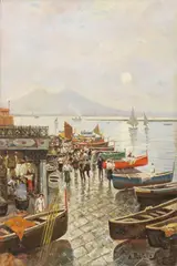 Attilio Pratella, Il mercato del pesce a Santa Lucia, Napoli, oil on canvas