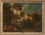 Cornelis Huysmans, Paesaggio con scena galante, oil on canvas