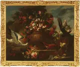 Andrea Belvedere, Natura morta con vaso di fiori e volatili, oil on canvas