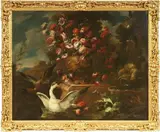 Andrea Belvedere, Natura morta con vaso di fiori e volatili, oil on canvas