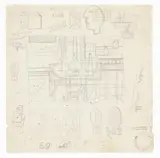 Atanasio Soldati, Foglio di studi: Natura morta, con altri disegni e scritte, 1945, pencil on paper