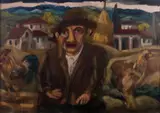 Beppe Serafini, Figura gallo e gallina, mixed media on cardboard
