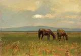 Carlo Passigli, Cavalli al pascolo, oil on cardboard