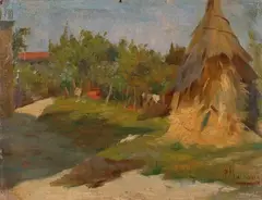 Pagliaio by Pompeo Massani, oil on cardboard, offered Jul 2022