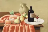 Gino Severini, Nature morte (Natura morta con bottiglia di vino, brocca e pere), 1920, oil on canvas