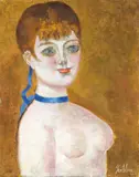 Franco Gentilini, Ragazza con nastrino blu, 1979, oil on canvas sabbiata