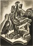 Fortunato Depero, Galli e galline, charcoal on paper