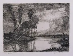Cino Bozzetti, La Bormida morta al tramonto, etching