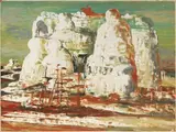 Salvatore Fiume, Isola di statue con veliero, oil on faesite