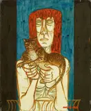 Giuseppe Migneco, Donna con il gatto, oil on canvas