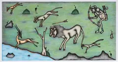 Kivuthi Mbuno, Scena di caccia, mixed media on card