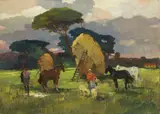 Campagna con pagliai by Renato Natali, oil on compensato, offered Apr 2022